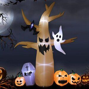8 FT Halloween Inflatable Outdoor Dead Tree with White Ghosts ,Pumpkins，Black Ba
